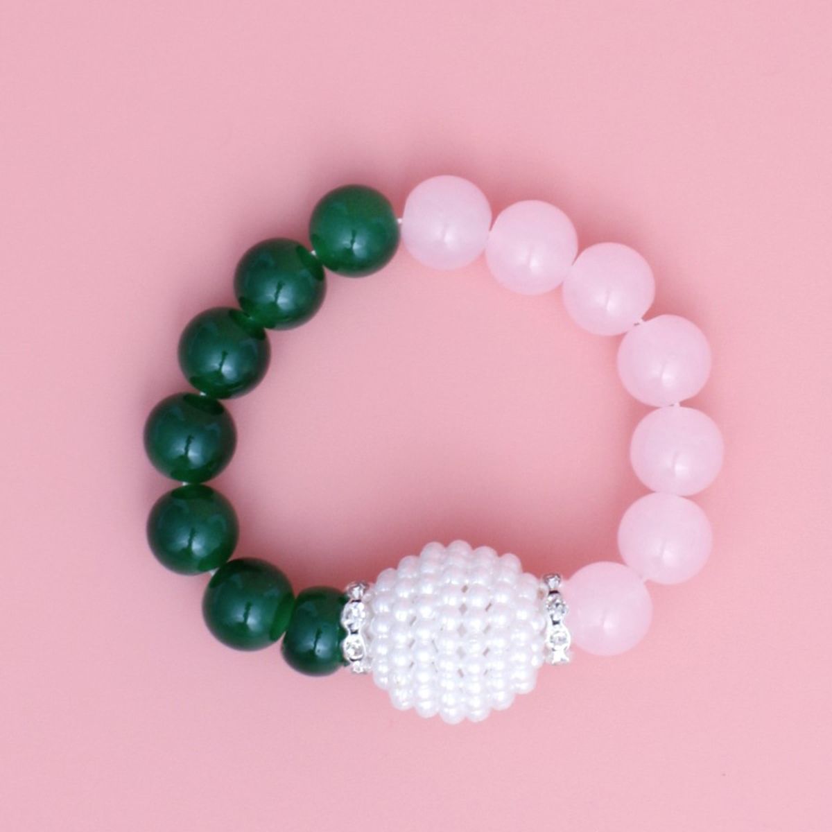 AKA Sorority Pink Green Pearl Glass Bead Bracelet