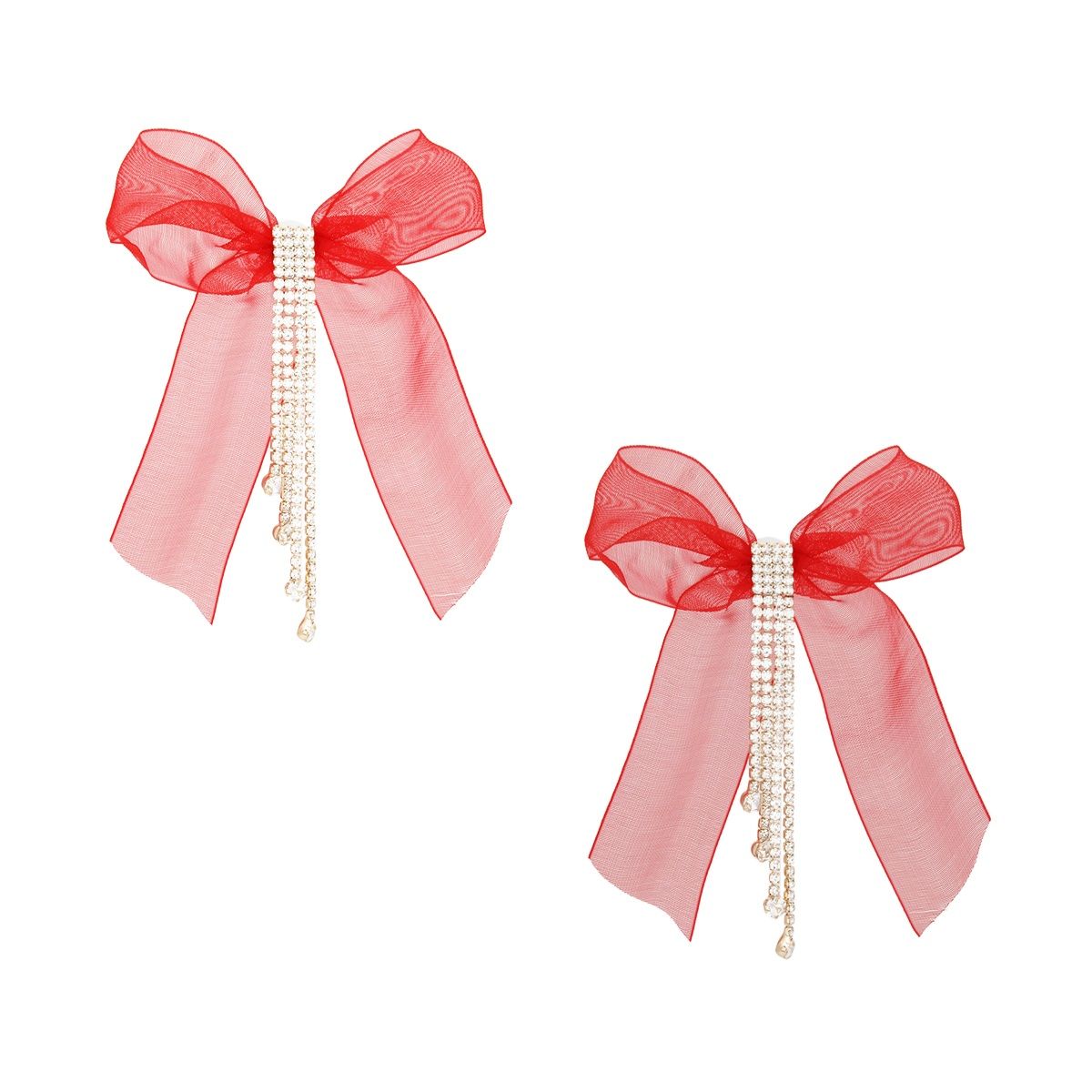 Tassel Red Ribbon Bow Sparkling Fringe Earrings
