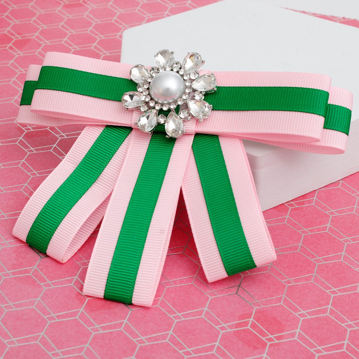 AKA Sorority Pink Green Bow Tie Style Brooch