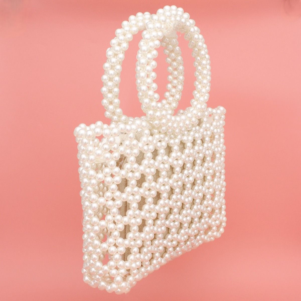Top Handle Square Cream Pearl Woven Handbag