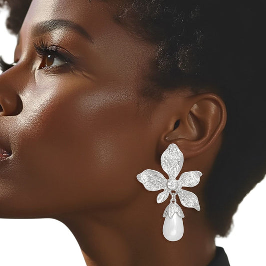 Teardrop Silver Flower Pearl Drop Earrings Women