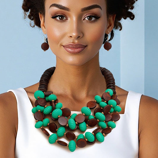 Beaded Green Coconut Wood Disc Necklace Women