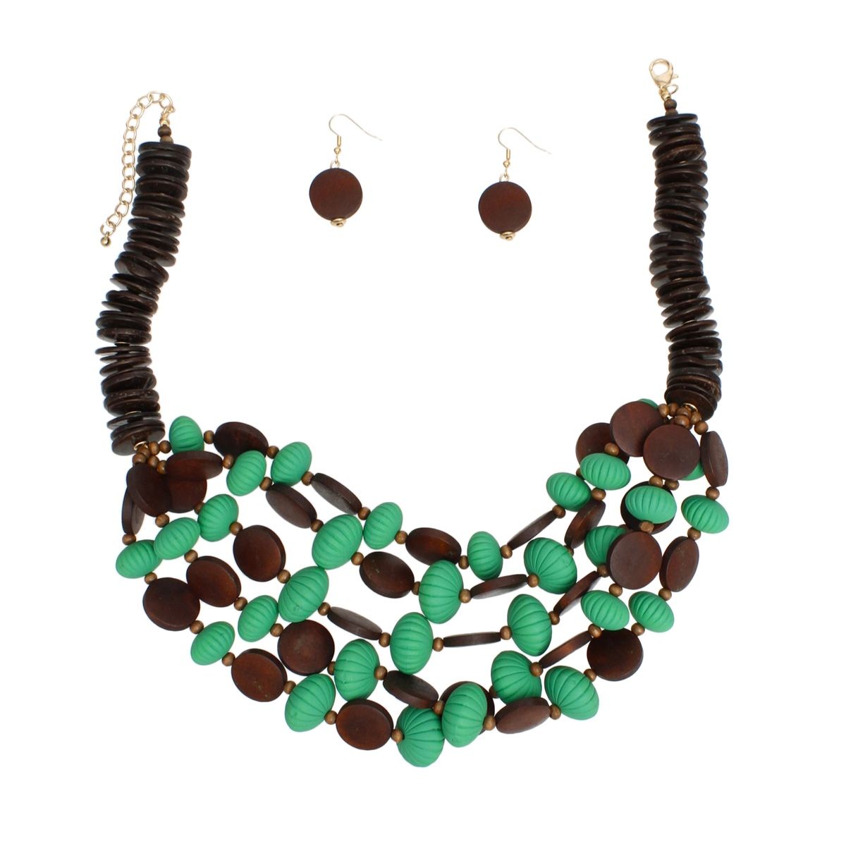 Beaded Green Coconut Wood Disc Necklace Women