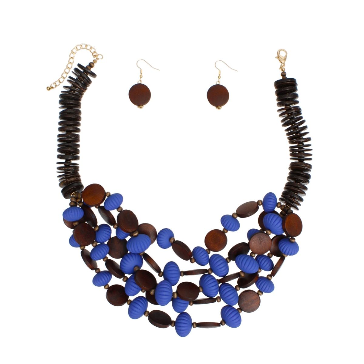 Beaded Royal Blue Coconut Wood Disc Necklace Women