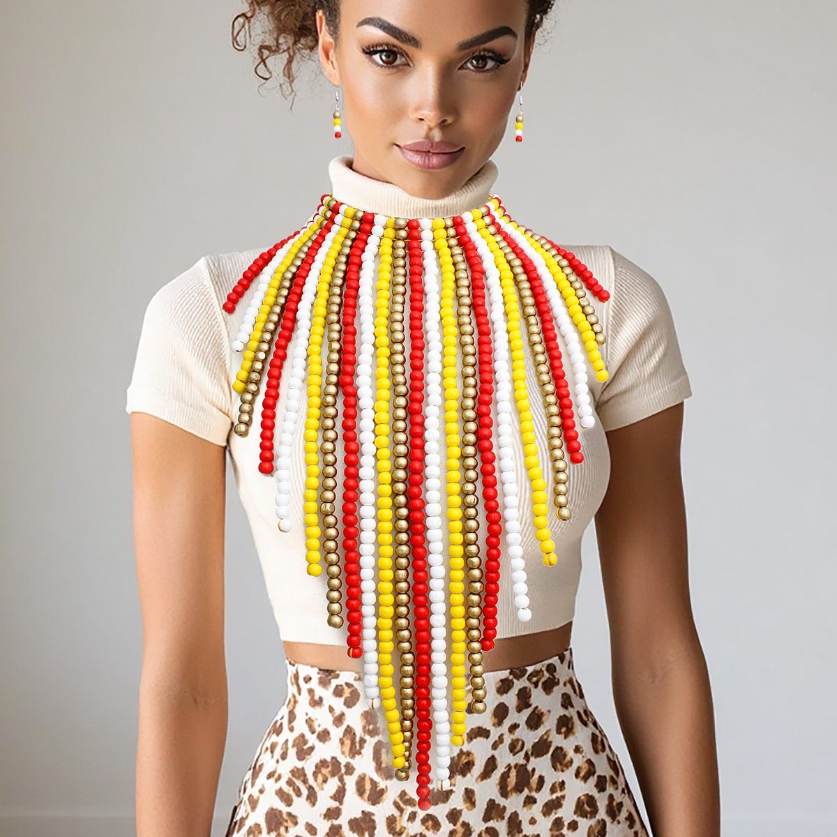 Bib Long Multi Wood Bead Fringe Global Necklace