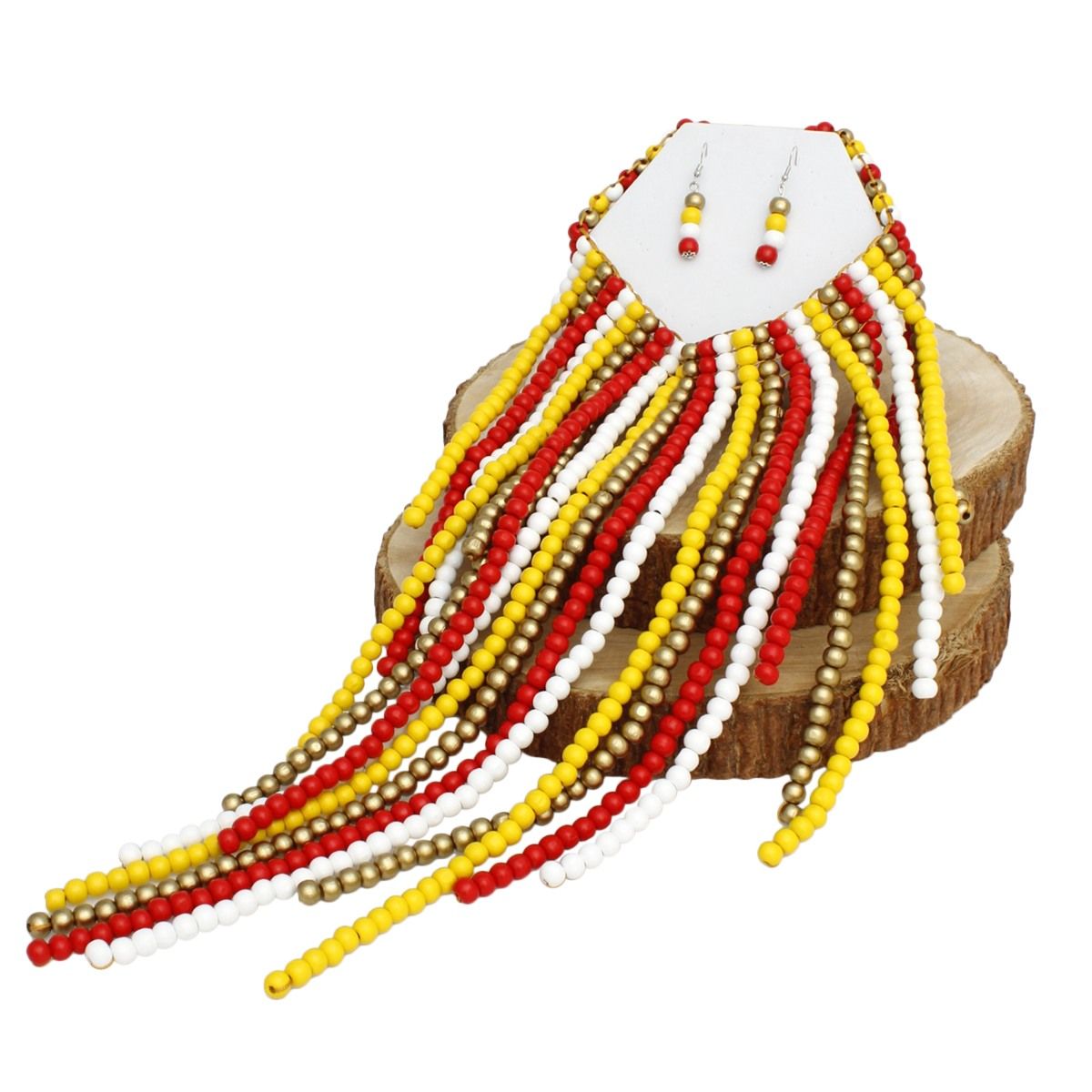 Bib Long Multi Wood Bead Fringe Global Necklace