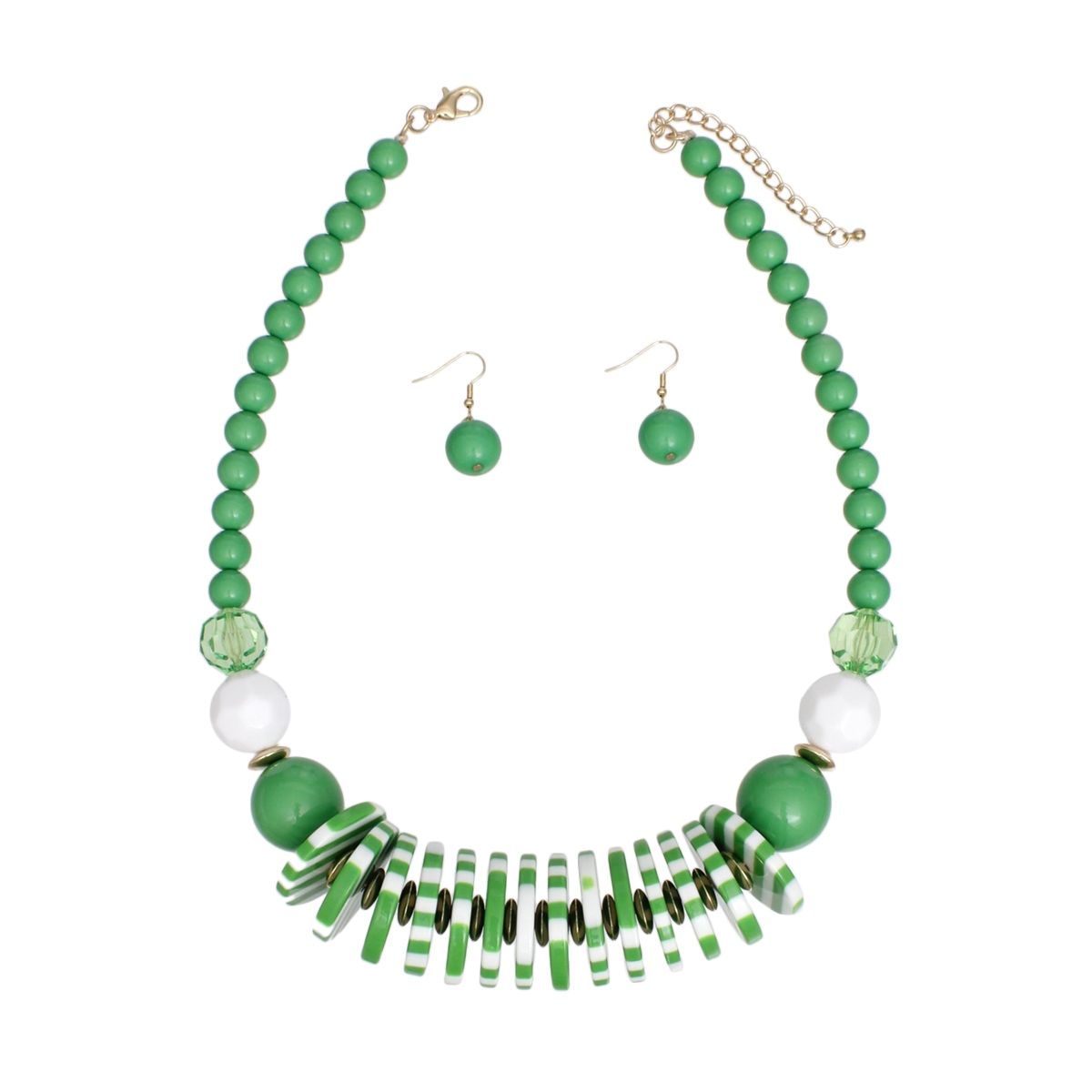 Beaded Funky Green and White Disc Necklace Set