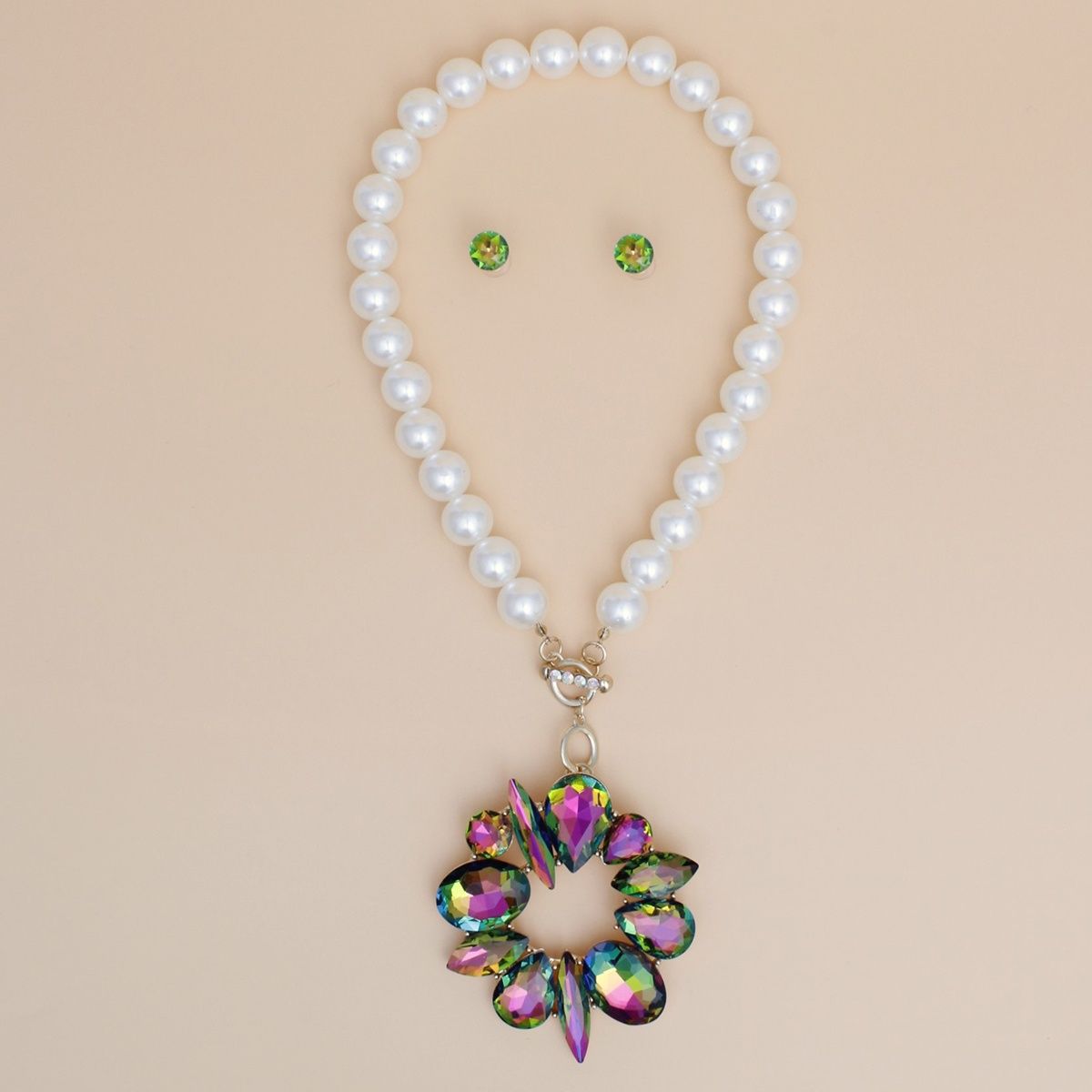 Toggle Pearl Pink Green Crystal Pendant Necklace