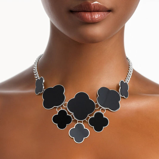 Bib Silver Chain Large Black Quatrefoil Necklace