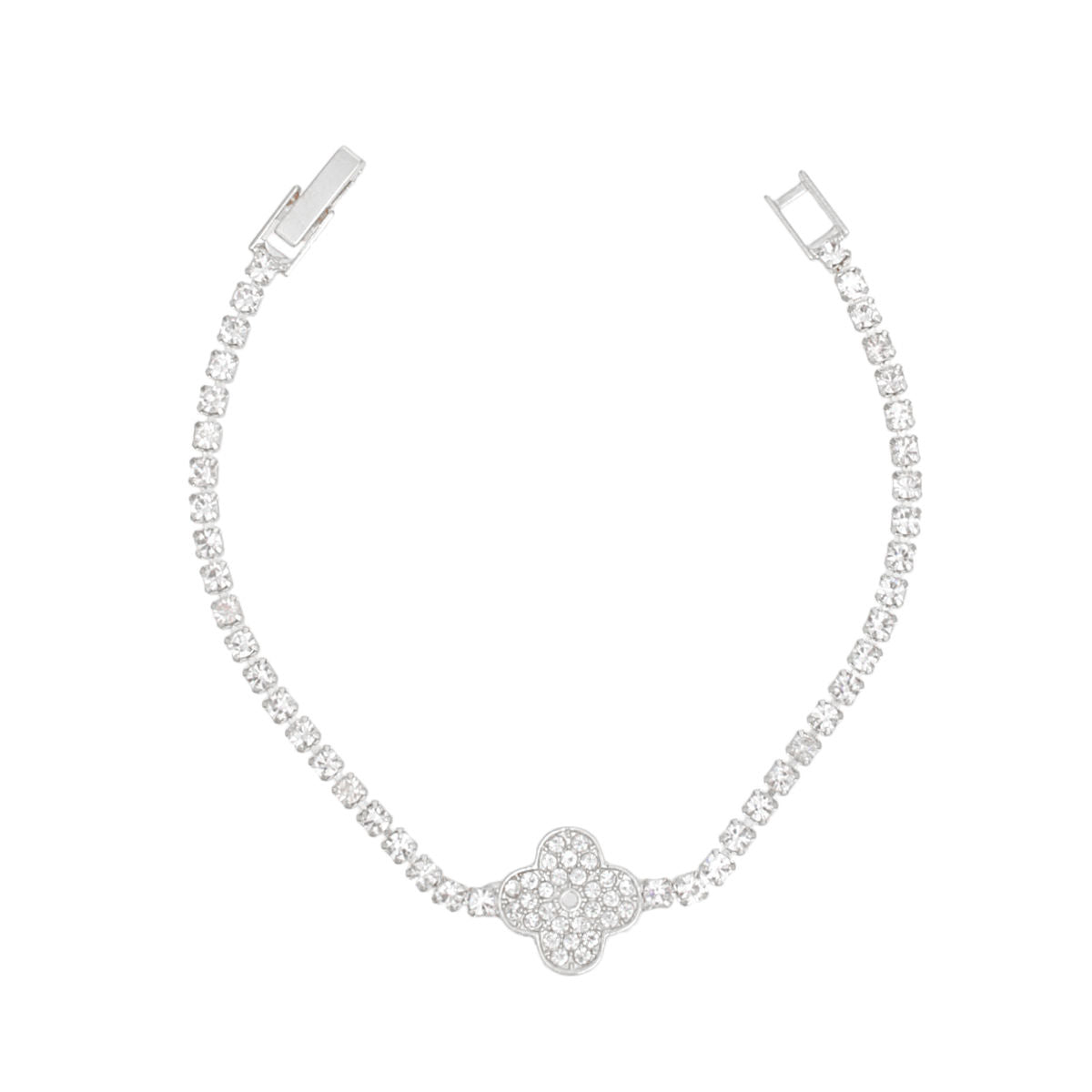Tennis Bracelet Silver Pave Quatrefoil Clover