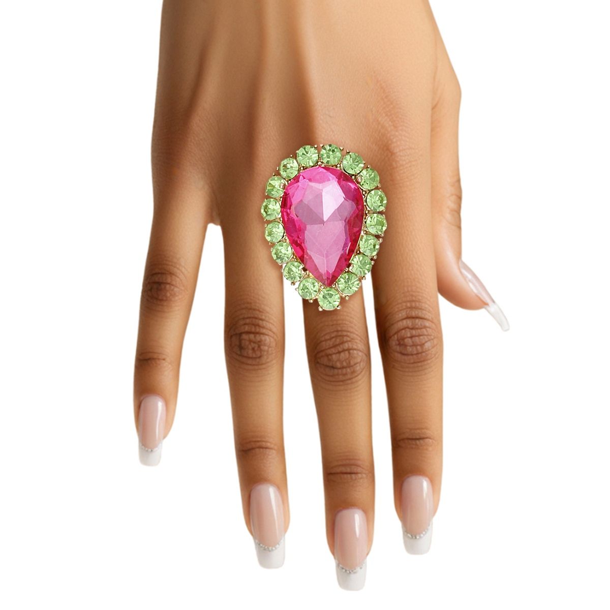 AKA Sorority Pink Green Teardrop Cocktail Ring