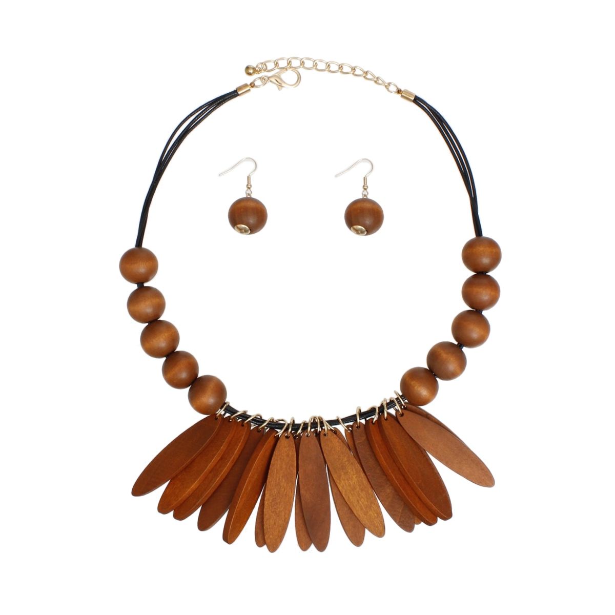 Bib Oval Wood Bead Brown Necklace for Women