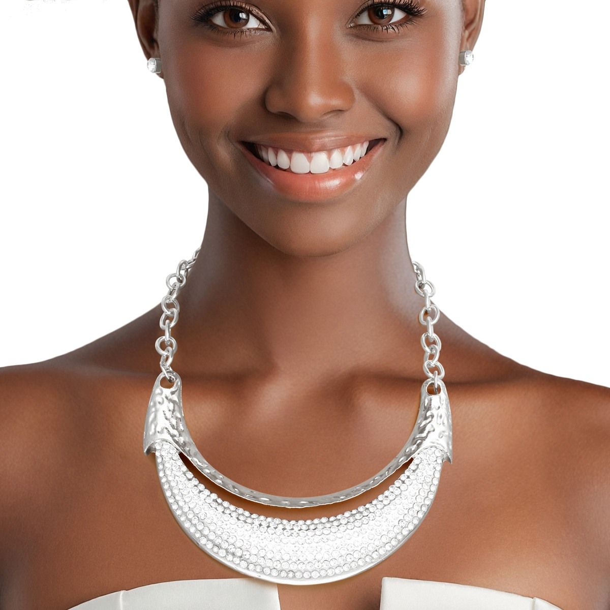 Bib High Shine Rigid Silver Plate Bling Necklace