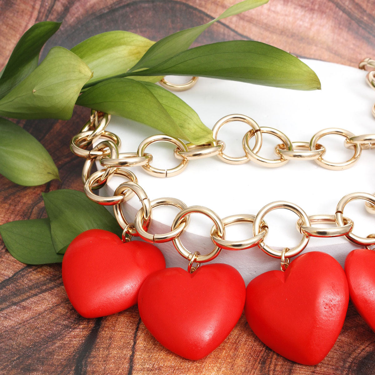 Bib Chunky Red Wooden Heart Bead Necklace