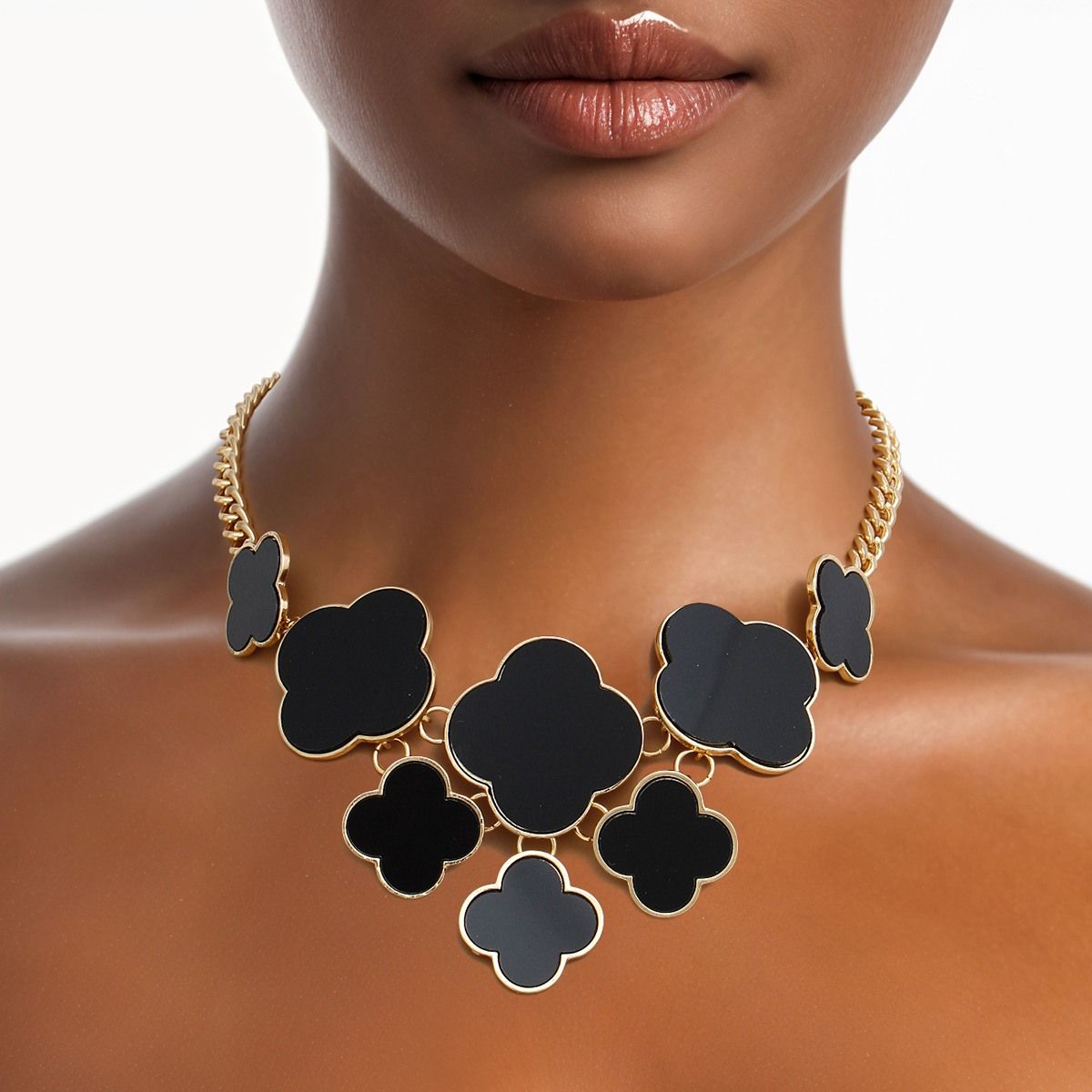 Bib Gold Chain Large Black Quatrefoil Necklace