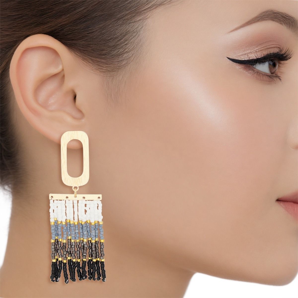 Tassel Rectangle White to Black Seed Bead Earrings
